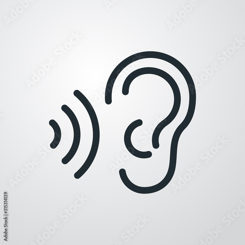 Icono plano lineal oreja con ondas de sonido en fondo gris