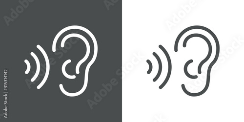 Icono plano lineal oreja con ondas de sonido en fondo gris y fondo blanco photo