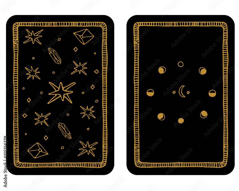 Fototapeta Hand drawn major arcana tarot card template. The reverse side.Tarot vector illustration in vintage style with mystic symbols, crystals and line art stars. Witchcraft concept for tarot readers