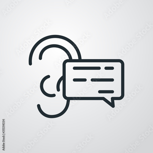 Icono plano lineal oreja con burbuja de habla en fondo gris