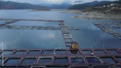 Aerial a caviar fish farm pisciculture sturgeon pool on lake bulgaria above photo