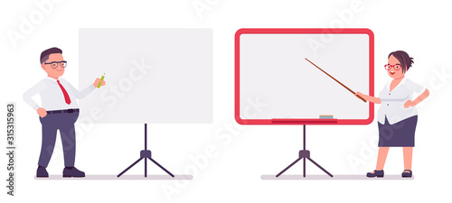 Fat male, female clerk demonstration, introduction, lecture or speech at board. Heavy middle aged business people, office manager, civil service worker. Vector flat style cartoon illustration