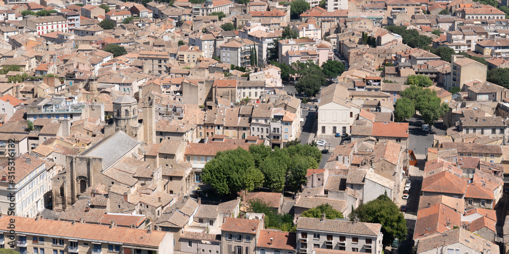 aerial top view of city Cavaillon town in south of France