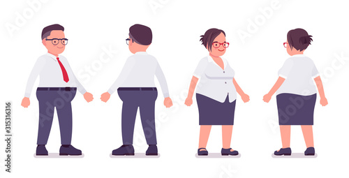 Fat male and female clerk standing. Heavy middle aged business people, office manager and civil service worker, typical employee in a plus size formal wear. Vector flat style cartoon illustration
