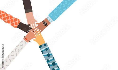 Holding of diverse group hands circle of people putting together.  Cooperation, unity, togetherness, partnership, agreement, teamwork social community concept. Cartoon illustration landing page design