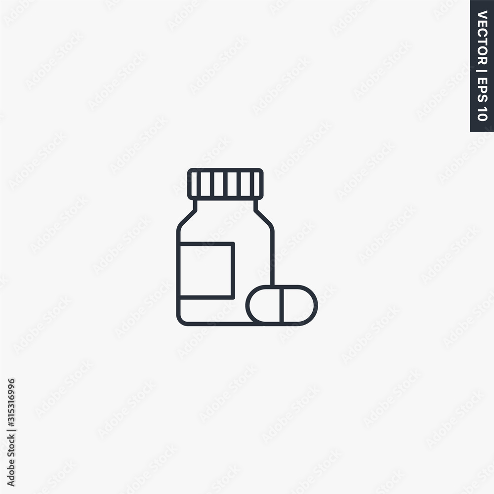 Medicine bottle and pills, linear style sign for mobile concept and web design