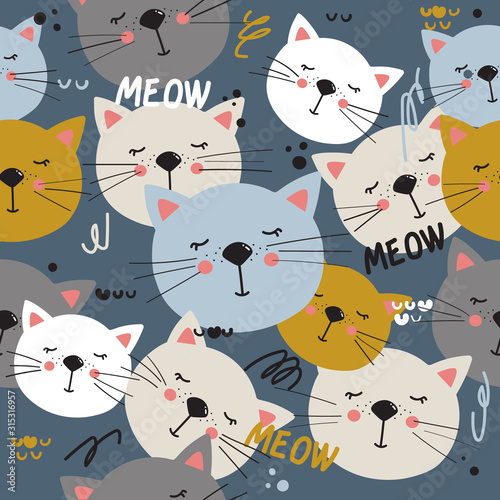 Happy cats, hand drawn backdrop. Colorful seamless pattern with animals. Decorative cute wallpaper, good for printing. Overlapping background vector. Design illustration