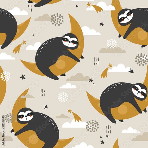 Sloths, stars, moon and clouds hand drawn backdrop. Colorful seamless pattern with animals. Decorative cute wallpaper, good for printing. Overlapping background vector. Design illustration