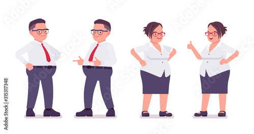Fat male, female clerk in positive emotions. Heavy middle aged business people, office manager, civil service worker, typical employee in plus size formal wear. Vector flat style cartoon illustration