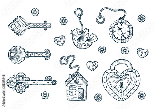 Hand drawn doodle lock, trinkets and keys - Vector Vintage set