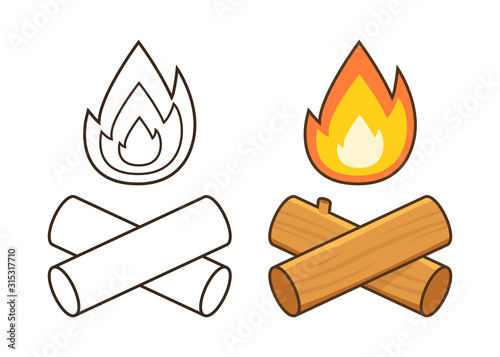 Campfire icons set. Crossed logs and fire flame. Vector illustration.