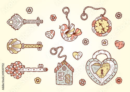 Hand drawn doodle lock, trinkets and keys - Vector Vintage set