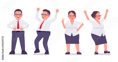 Fat male, female clerk, positive emotions. Happy heavy middle age business people, office manager, civil service worker, typical employee, plus size formal wear. Vector flat style cartoon illustration