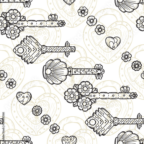 Door key. Hand drawn doodle keys - Vector Vintage Seamless pattern. Black and white