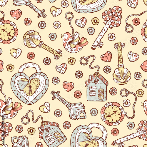 Hand drawn doodle lock, trinkets and keys - Vector Vintage Seamless pattern.