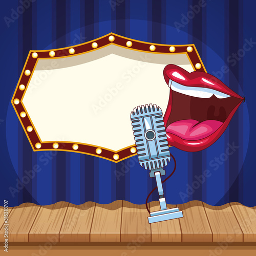 mouth microphone billboard curtain stage stand up comedy show
