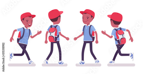 Black school boy in casual wear walking, running. Cute small guy with rucksack, active young kid, smart elementary pupil aged between 7, 9 year old. Vector flat style cartoon illustration, front, rear
