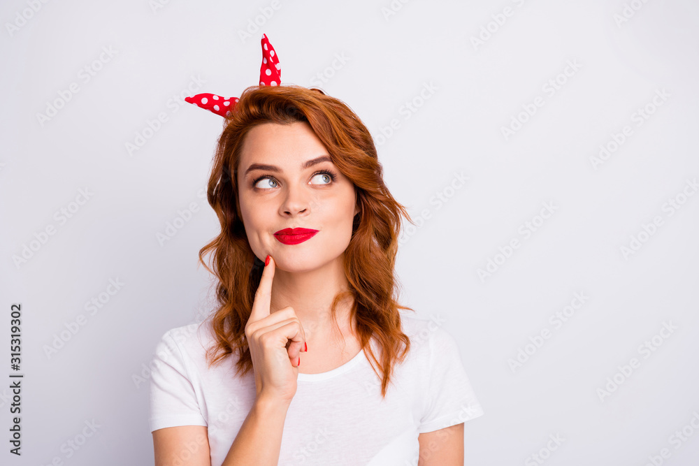 Portrait of mined girl look copyspace think thoughts decide choose her lovely rest relax touch chin finger wear casual style outfit isolated over white color background Portrait of mined girl look copyspace think thoughts decide choose her lovely rest relax touch chin finger wear casual style outfit isolated over white color background