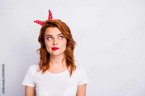 Portrait of minded pensive girl look copyspace think thoughts choice decisions wear retro style clothing isolated over white color background