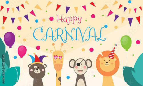Happy Carnival - Banner mit wilden Tieren  die feiern und verkleidet sind  Dschungel 