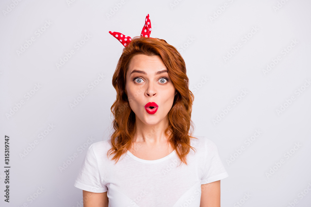 Portrait of astonished girl see incredible promo impressed scream wear casual style clothes isolated over white color background Portrait of astonished girl see incredible promo impressed scream wear casual style clothes isolated over white color background