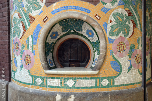 Detail of Colourful Mosaic Tile Ticket Window  in Wall of Spanish Theatre 