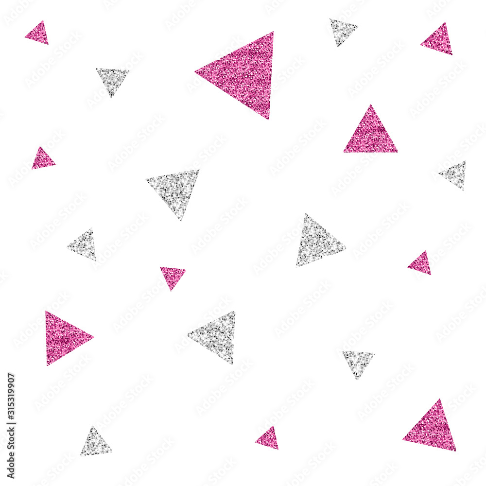 seamless pink and silver glitter triangle with polka dot pattern on white background