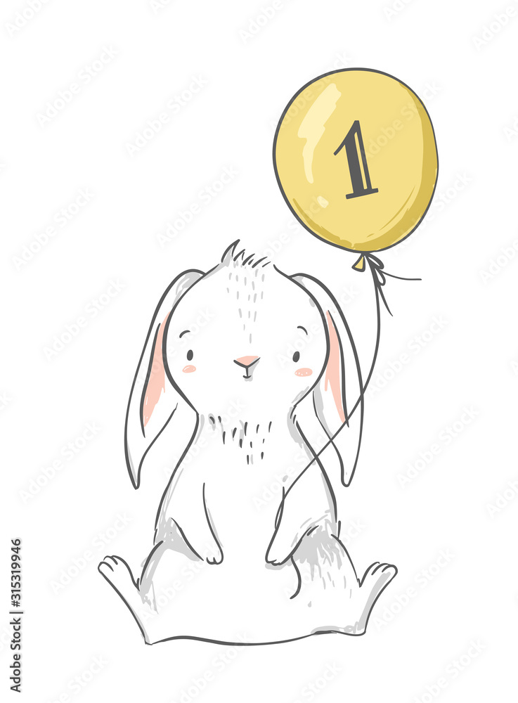 First birthday invitation card design with cute bunny holding a balloon with number one on it. Kids party, greeting card, nursery wall art, poster. First birthday invitation card design with cute bunny holding a balloon with number one on it. Kids party, greeting card, nursery wall art, poster.