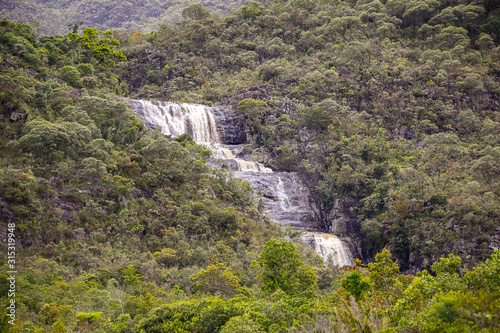 Waterfall cascading in dense forest  Caraca natural park  Minas Gerais  Brazil