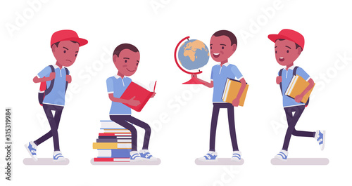 Black school boy in casual wear study with books and globe. Cute small guy, active young kid, smart elementary pupil aged between 7, 9 year old. Vector flat style cartoon illustration