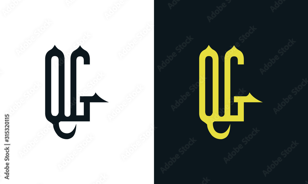 Minimal luxury line art letter QG logo. This logo icon incorporate with two Arabic letter in the creative way. It will be suitable for Royalty and Islamic related brand or company. 