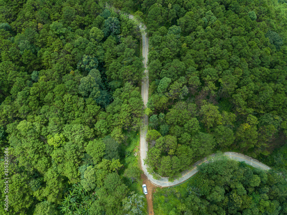 Aerial view of road cut throug the green forest in the highland mountains in Chiang Rai province, Thailand. The highland of Chiang Rai is a popular destination during the cold weather season.
