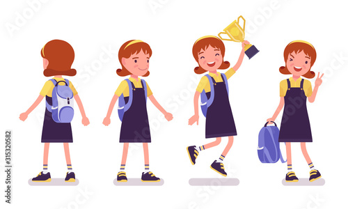 School girl standing. Cute small lady in pretty pinafore dress with rucksack, active young kid, smart elementary pupil aged between 7, 9 years old. Vector flat style cartoon illustration, front, rear