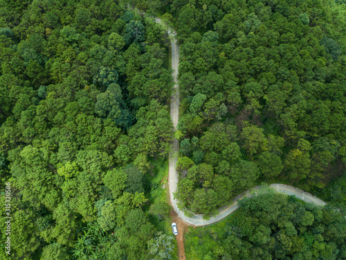 Aerial view of road cut throug the green forest in the highland mountains in Chiang Rai province, Thailand. The highland of Chiang Rai is a popular destination during the cold weather season. © boyloso