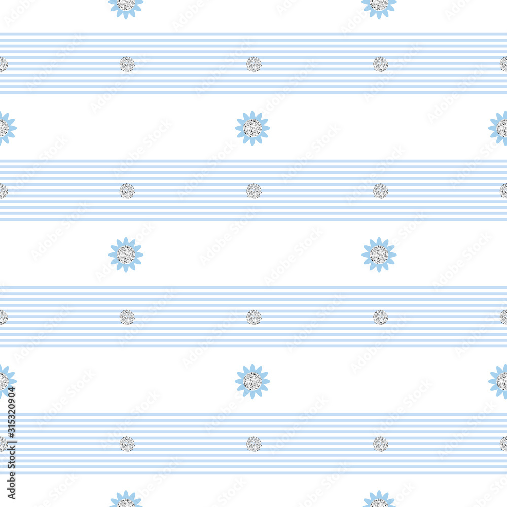 seamless blue and silver glitter flower pattern on stripe background seamless blue and silver glitter flower pattern on stripe background