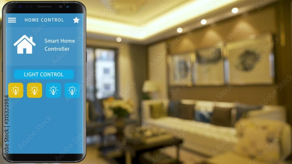 Smart Home - smart house, home automation, device with app icons. smart phone with smarthome security app to turn on the lights of  house