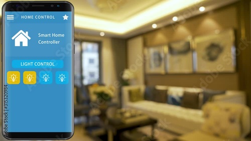 Smart Home - smart house, home automation, device with app icons. smart phone with smarthome security app to turn on the lights of  house