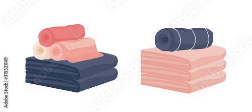 Realistic colorful hand and bath fabric towels rolled isolated on white background. Clean pastel hygiene cotton wiper vector illustration. Bathroom colourful textile.