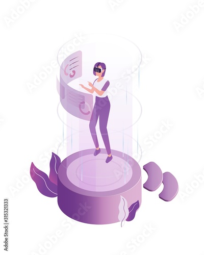 Modern woman wearing 3d headset at virtual reality world vector flat illustration