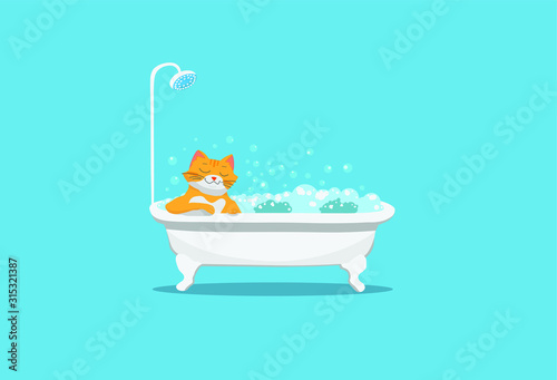 Red cat takes a bath filled with foam and bubbles, happy face, on a dark blue background