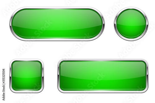 Web buttons. Green shiny icons with chrome frame