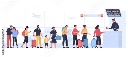 Airport departure area. Plane boarding flight register, tourists with luggage in landing queue check in. People waiting plane departure, travelers aircraft checking vector illustration