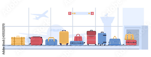 Luggage airport carousel. Baggage suitcases scanning, luggage conveyor belt with bags and suitcases. Airline flight transportation, airport x ray checkpoint inspection vector illustration photo