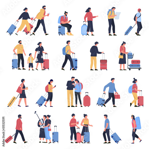 Travelers at airport. Business tourists, people waiting at airports terminal with luggage, characters walking and hasting to boarding. Airplane flight passengers isolated vector illustration icons set photo