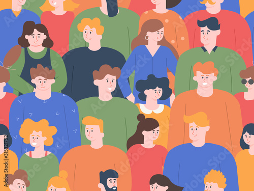 People crowd pattern. Group people portraits, young men and women on public meeting or social demonstration. Cute smiling friends characters, diverse person face seamless vector illustration