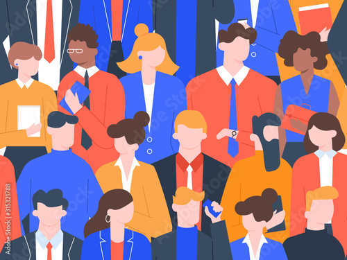 Business people crowd pattern. Office colleague characters, group of businessman in strict clothes, team standing together. It seniors, ethnic unity coworkers seamless vector illustration