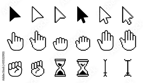 Pointer cursor icons. Computer web arrows mouse cursors and clicking line pointer cursor selecting. Pixel hand, pointer hand, arrow and hourglass logo vector isolated icons set
