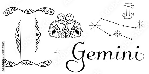 Zodiac set for the sign of Gemini. Black and white clip art from astrological symbolism. Two symbols, a constellation, a duet of female heads looking in different directions and an inscription. Vector