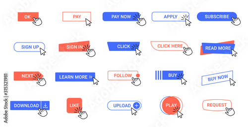 Click button. Web pointer clicking buttons, computer app interface mouse cursor tools. Arrow click ui elements, download, subscribe and follow button vector isolated icons set
