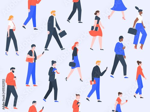Worker people pattern. Office characters and business people group walking, modern worker team concept. Men and women going to work, cowokers togetherness seamless vector illustration